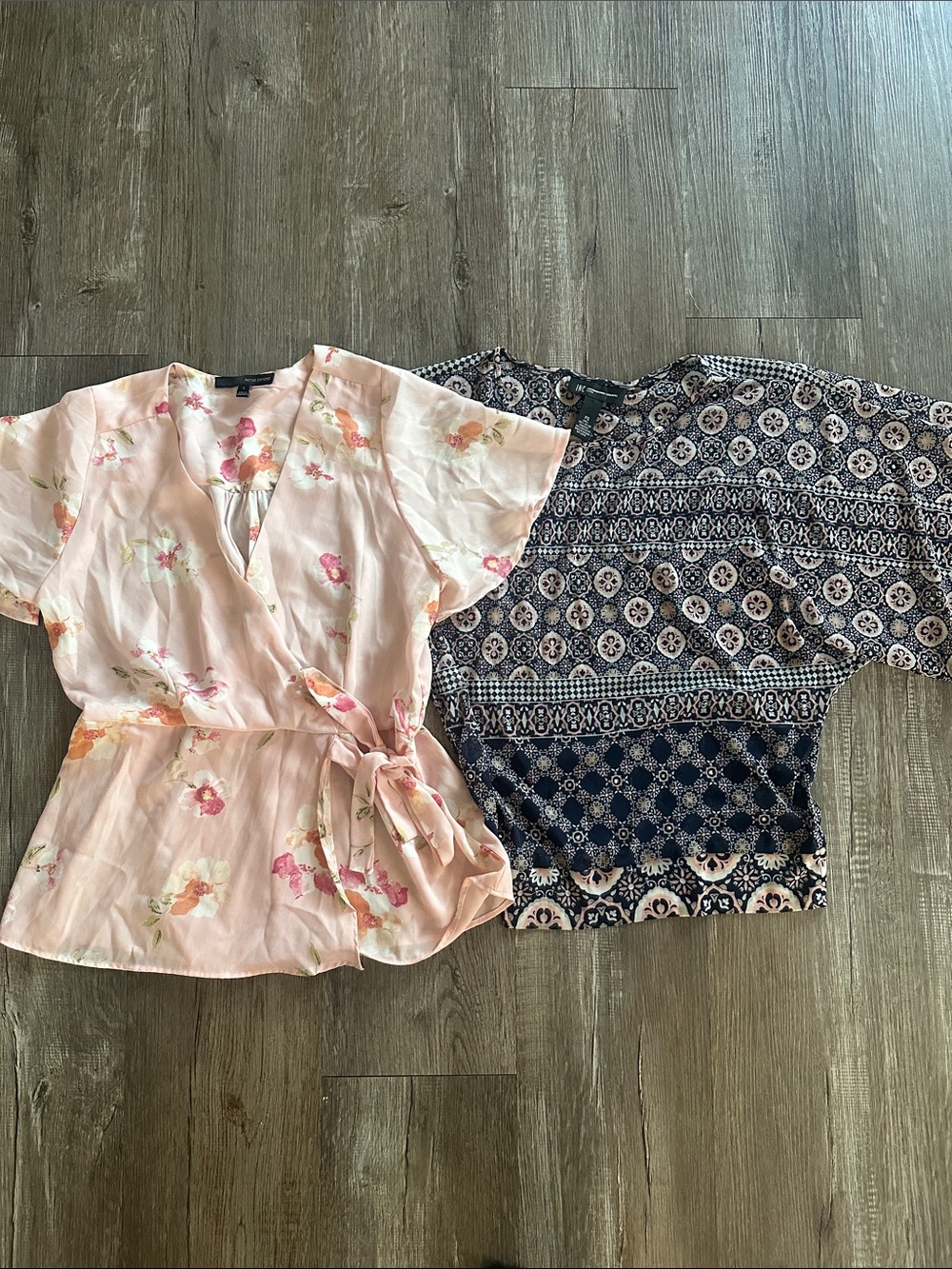 Harve Benard Pink Floral Wrap Blouse & Navy Patterned Peasant Top
